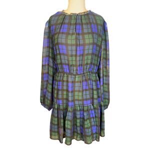 Lands End Tiered Plaid Midi Dress Keyhole Front Tie Waist Sheer Sleeve XL 18